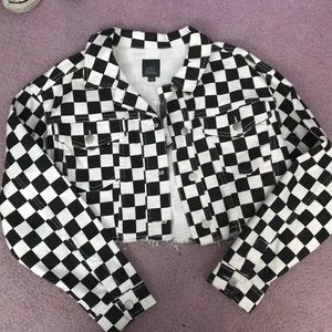 Checked cropped denim jacket